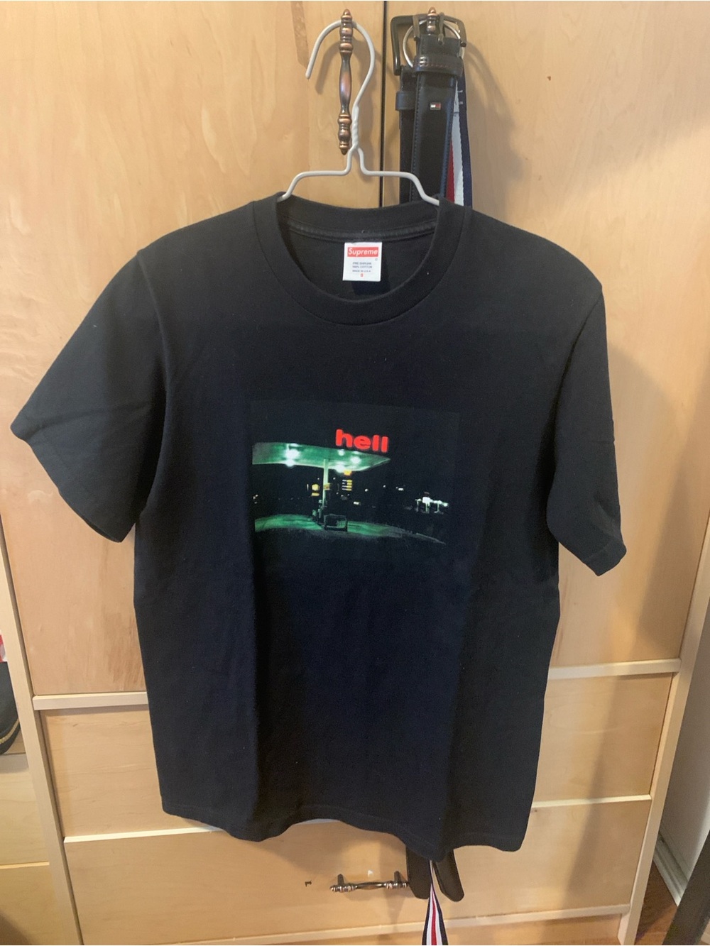 Supreme Black Tee with Red "hell" Gas Station Photo
